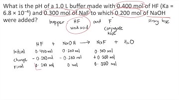 What is the pH of a 1.0 L buffer made with 0.400 mol of HF (Ka = 6.8 × 10⁻⁴) and 0.300 mol of NaF to